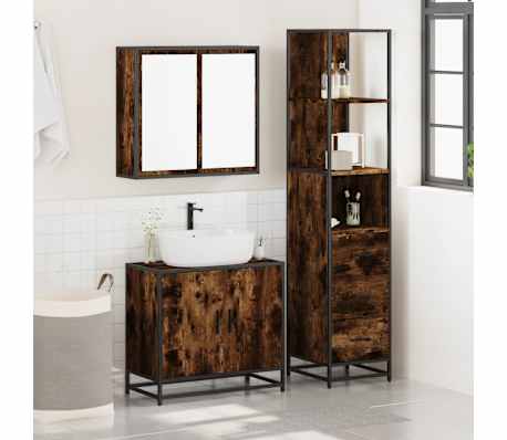 vidaXL Set mobilier de baie, 3 piese, stejar fumuriu, lemn prelucrat