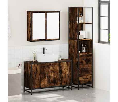 vidaXL Set mobilier de baie, 3 piese, stejar fumuriu, lemn prelucrat