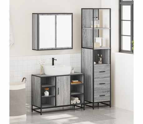 vidaXL 3-tlg. Badm&ouml;bel-Set Grau Sonoma Holzwerkstoff