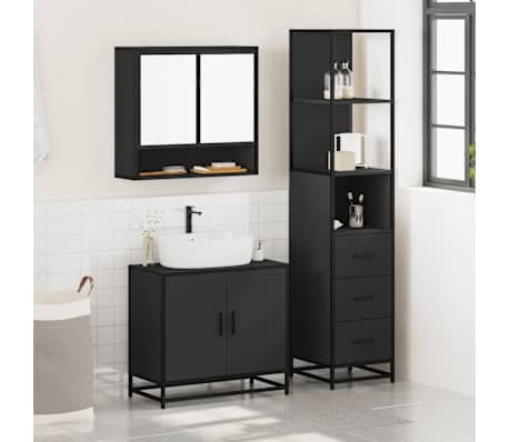 vidaXL Set mobilier de baie, 3 piese, negru, lemn compozit