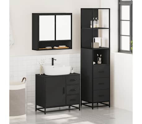 vidaXL Set mobilier de baie, 3 piese, negru, lemn compozit