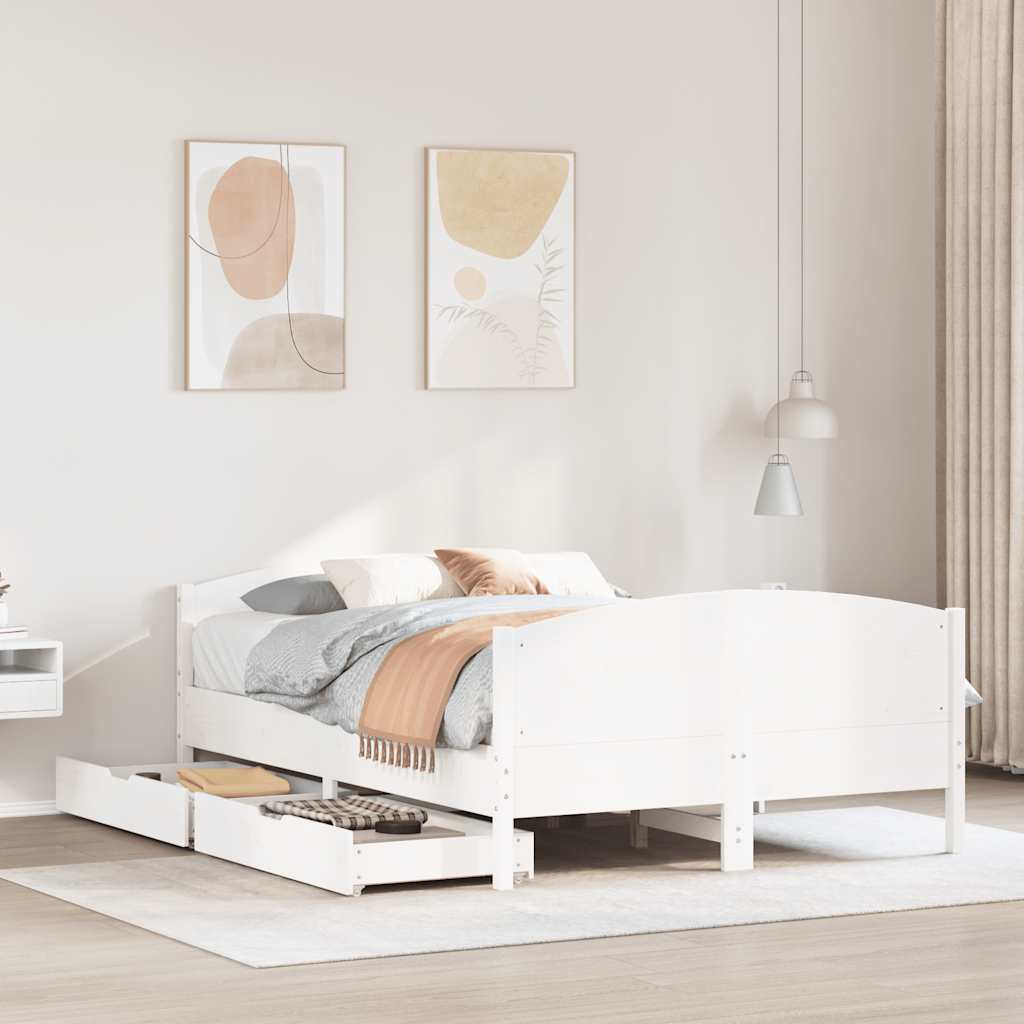 Sengeramme uden madras 120x200 cm i massivt fyrretræ med 2 skuffer - hvid