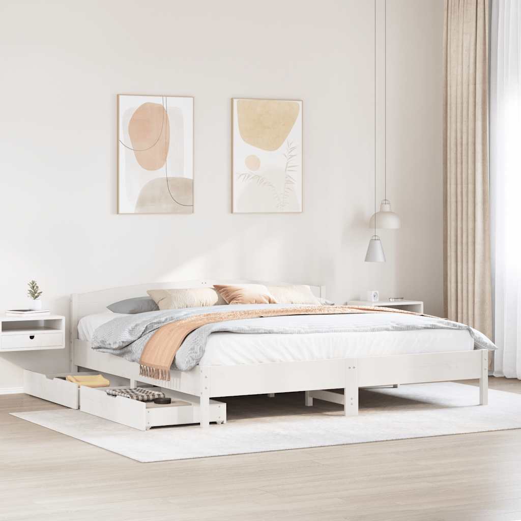 Sengeramme 200 x 200 cm i massivt fyrretræ med 2 skuffer - hvid