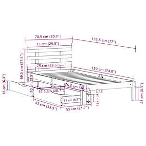 Rám postele se zásuvkami bílý 75 x 190 cm masivní borové dřevo - obrázek 11
