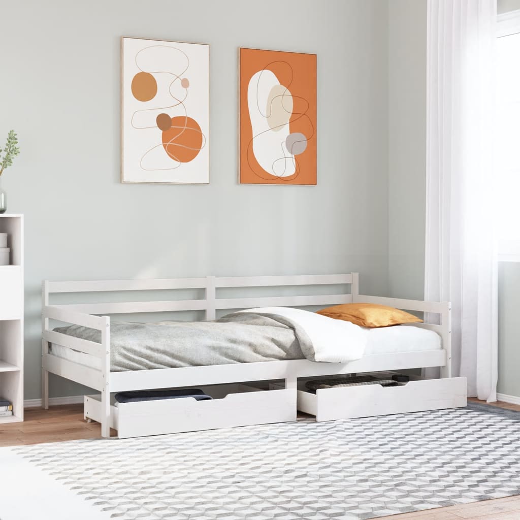 vidaXL Pat de zi cu sertare, alb, 90x190 cm, lemn masiv pin