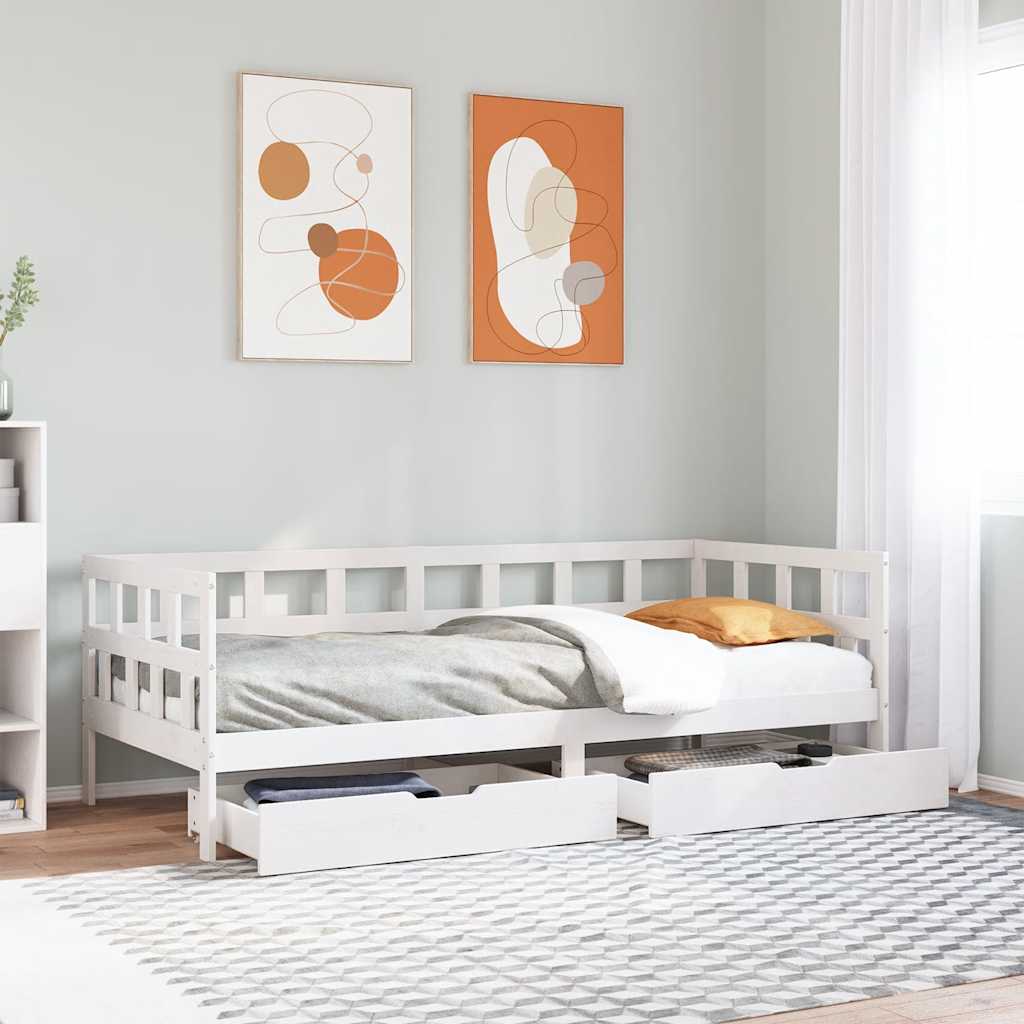 vidaXL Pat de zi cu sertare, alb, 90x190 cm, lemn masiv pin