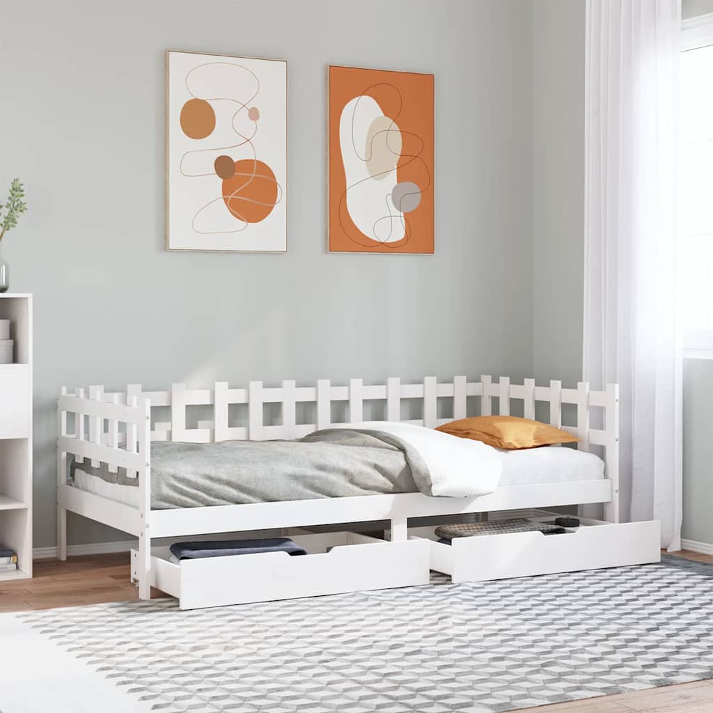 Daybed med 2 skuffer 90 x 200 cm i massivt fyrretræ - hvid