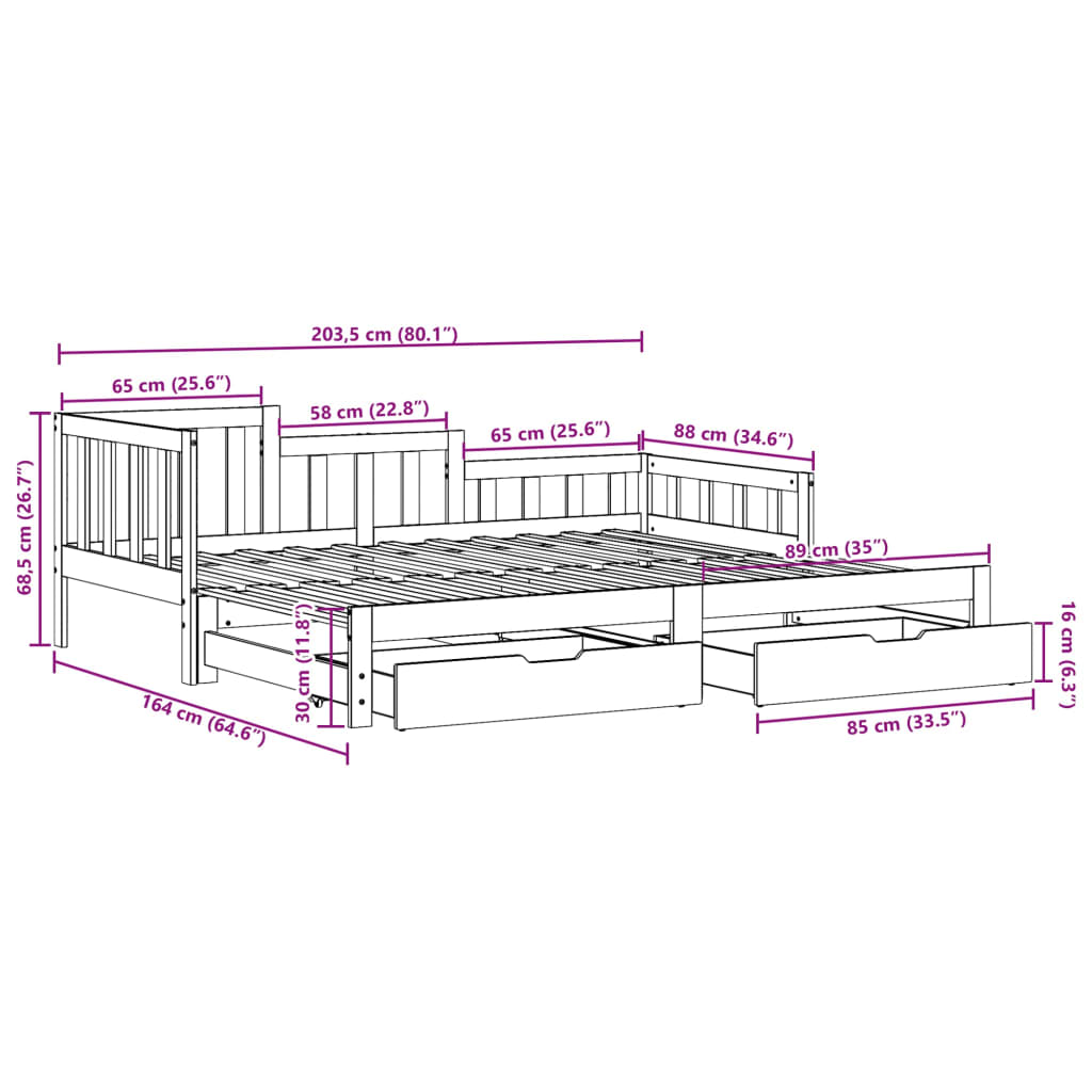 Łóżko dzienne rozsuwane, z szufladami, 80x200 cm, lita sosna
