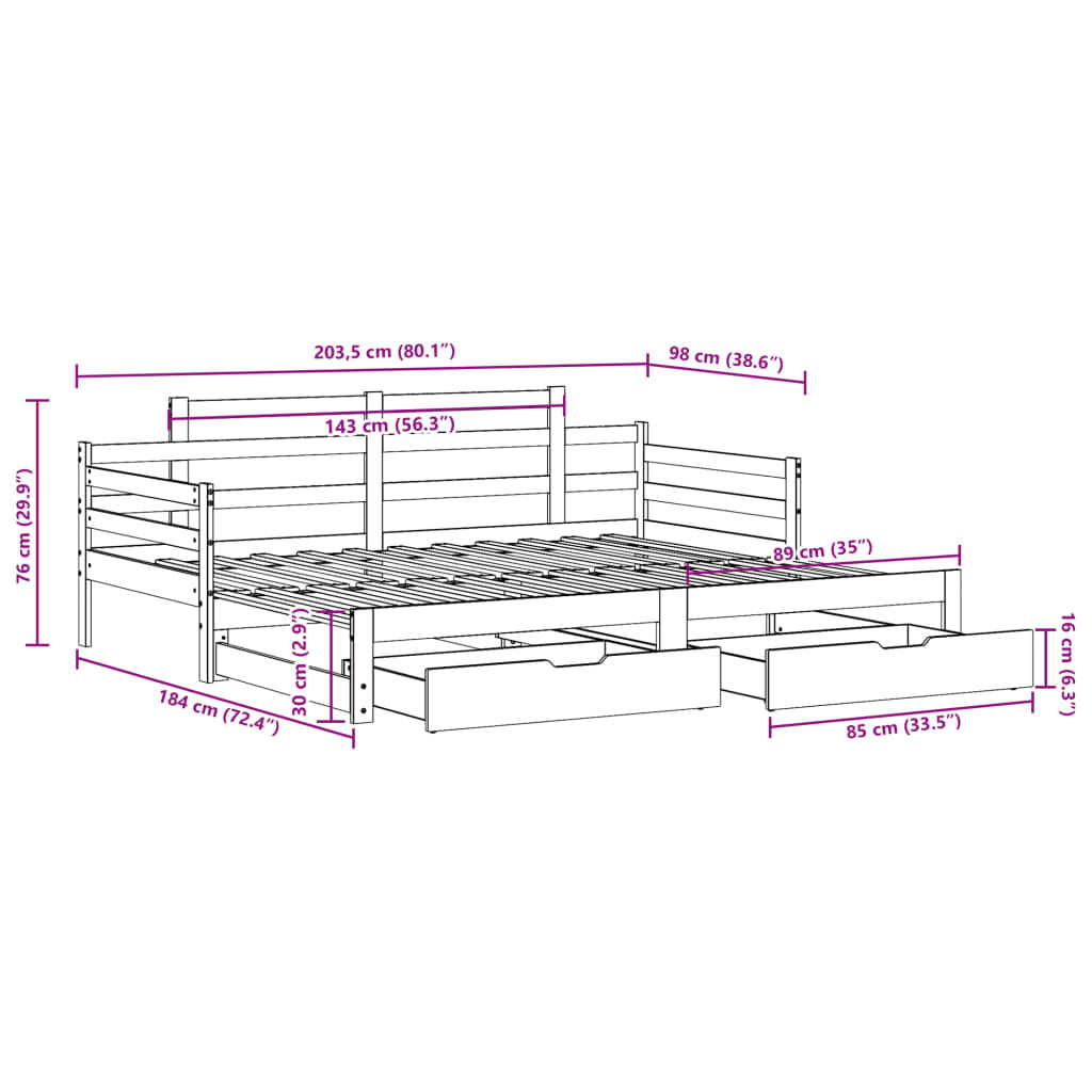 Łóżko dzienne rozsuwane, szuflady, białe, 90x200 cm, sosnowe