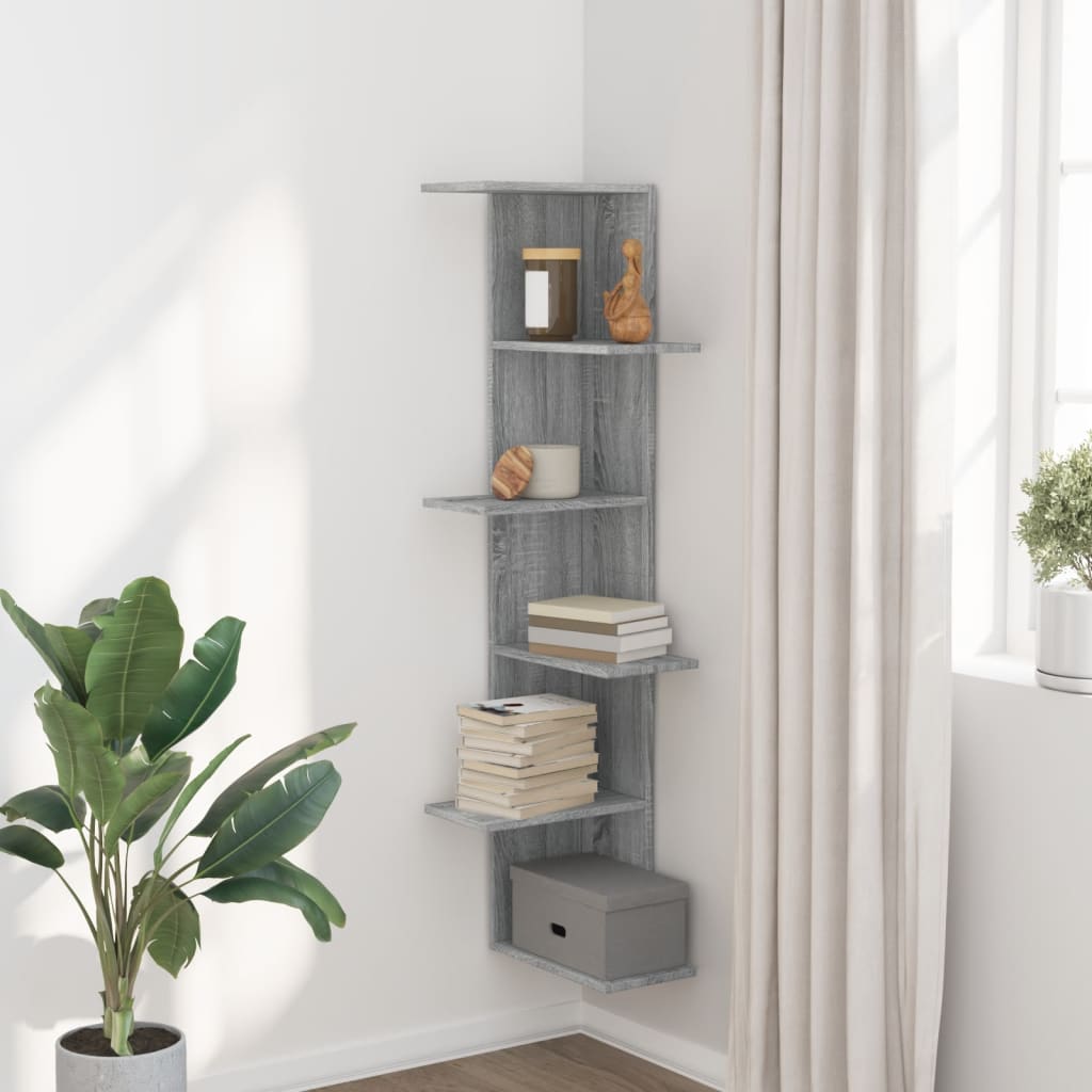 vidaXL szürke sonoma szerelt fa fali sarokpolc 36,5 x 36,5 x 140 cm