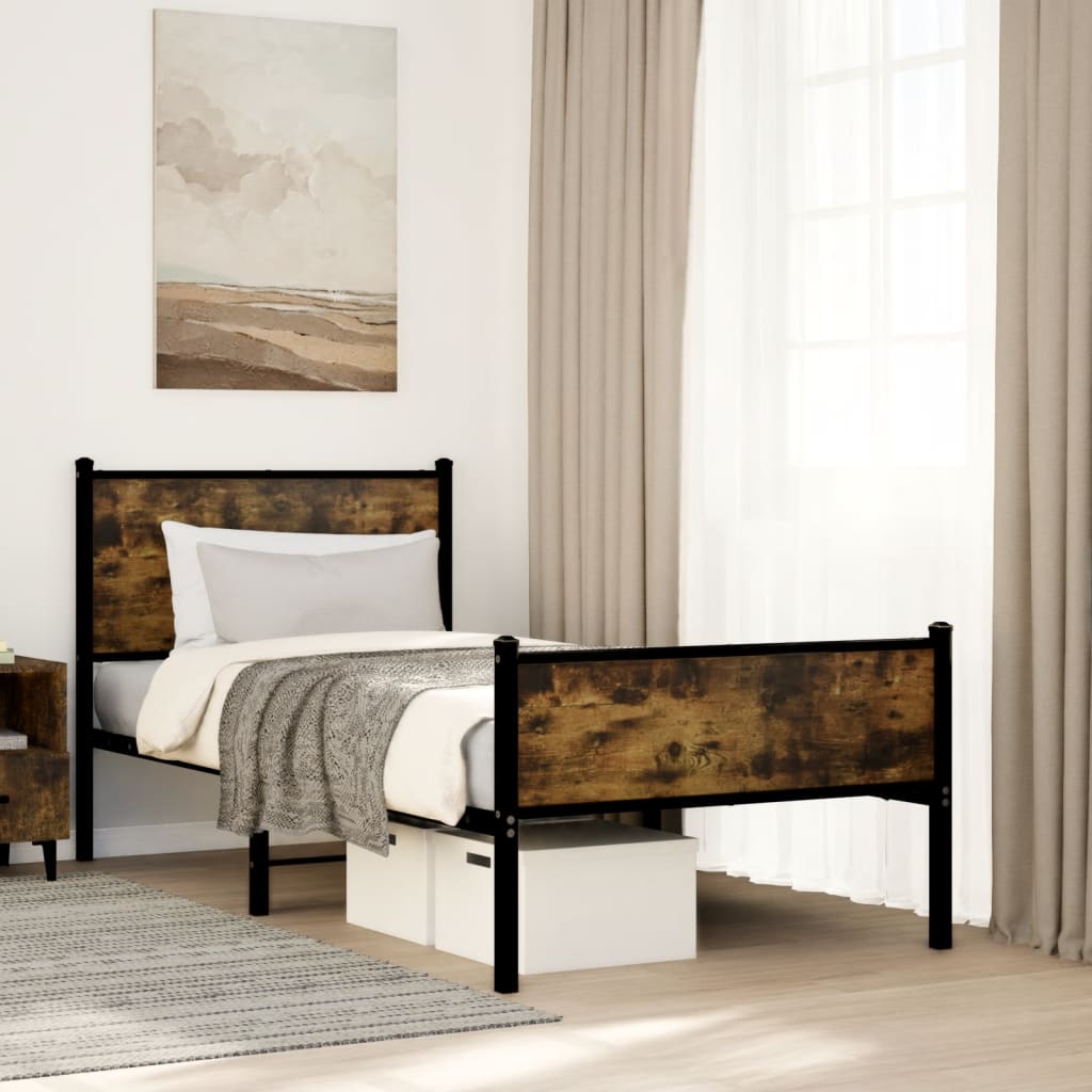 Sengeramme Uden Madras Metal Etræsfarve Røget Eg - med sengegavl og højt fodgærde / 90 x 200 cm