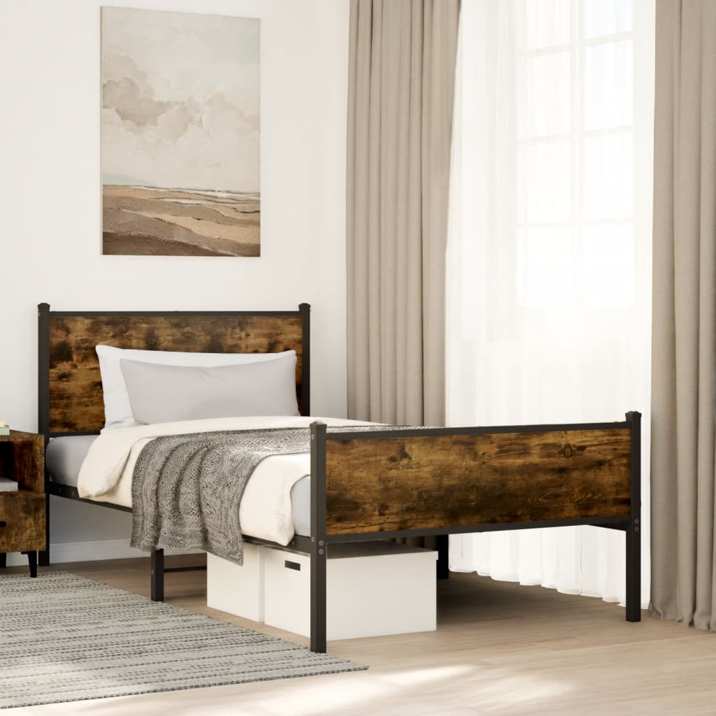 Sengeramme Uden Madras Metal Etræsfarve Røget Eg - med sengegavl og højt fodgærde / 100 x 190 cm