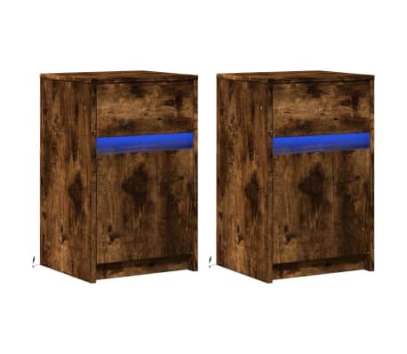 vidaXL Armoires de chevet et lumi&egrave;res LED 2 pcs ch&ecirc;ne fum&eacute;