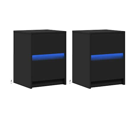vidaXL Κομοδίνα με Φώτα LED 2 τεμ. Μαύρα από Επεξεργασμένο Ξύλο
