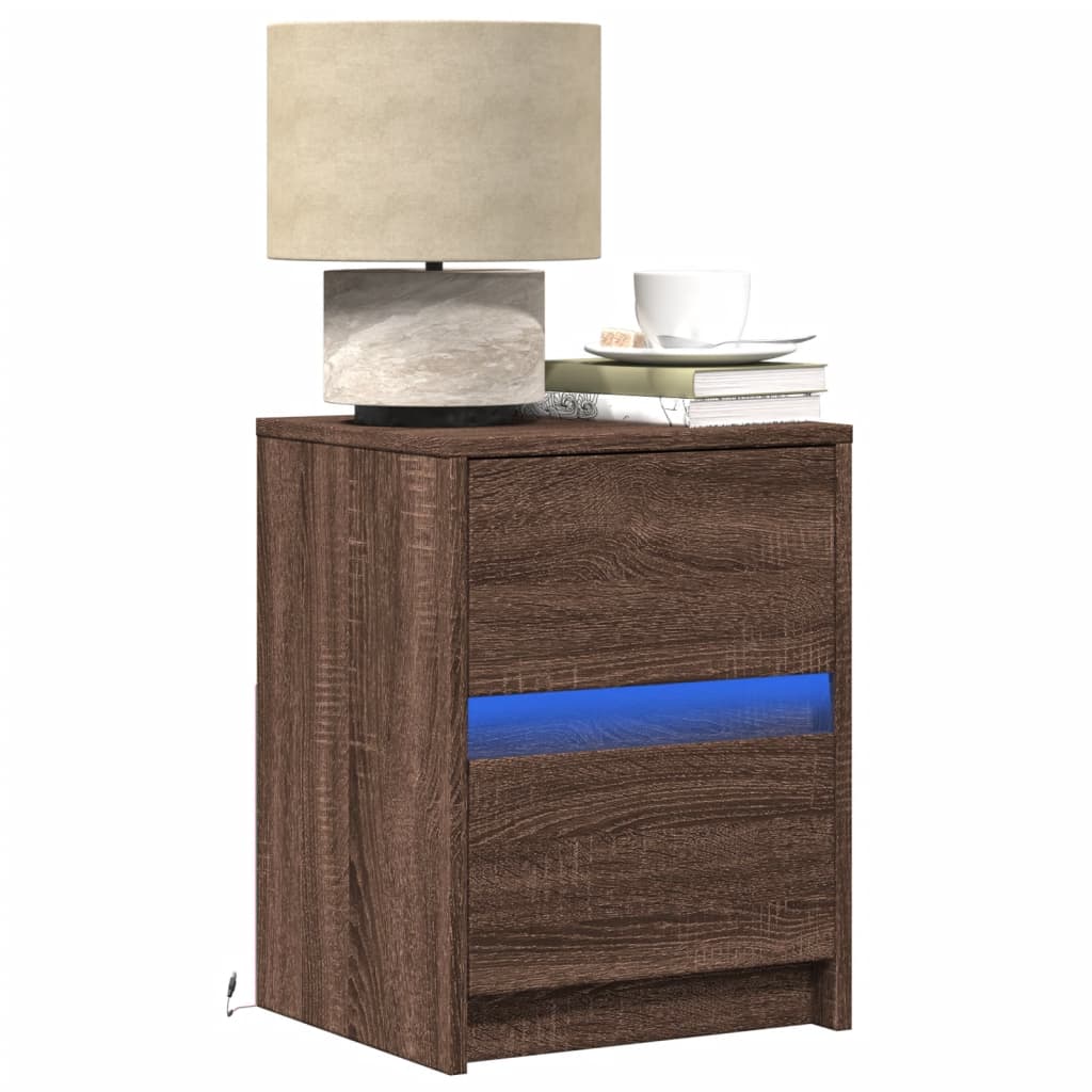 vidaXL Mesa cabeceira c/ luzes LED derivados madeira carvalho castanho