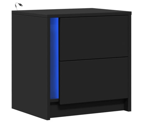 vidaXL Нощно шкафче с LED осветление, черно, инженерно дърво