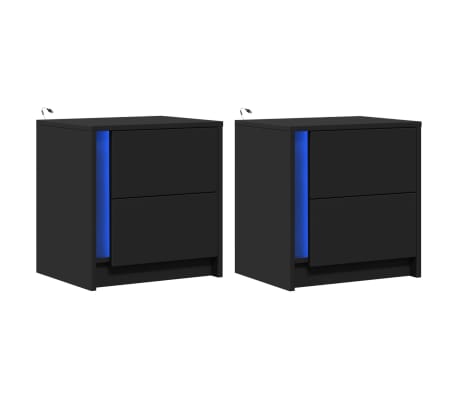 vidaXL Noptiere cu lumini LED, 2 buc., negru, lemn prelucrat