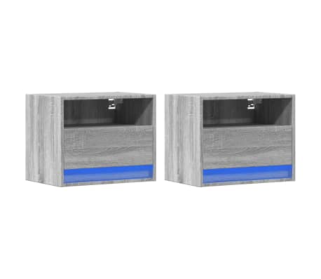 vidaXL Noptiere montate pe perete cu lumini LED, 2 buc., sonoma gri