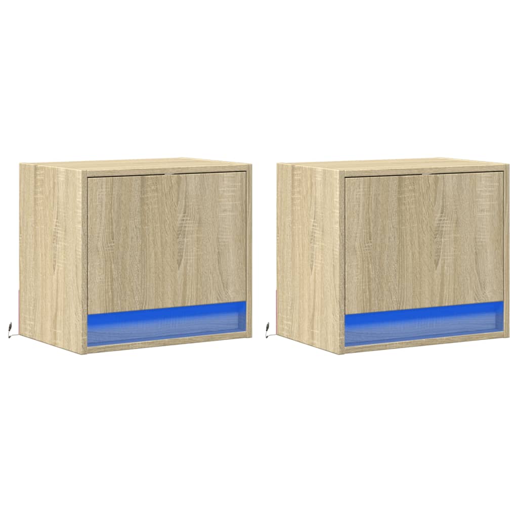 vidaXL Noptiere montate pe perete cu lumini LED, 2 buc., stejar sonoma