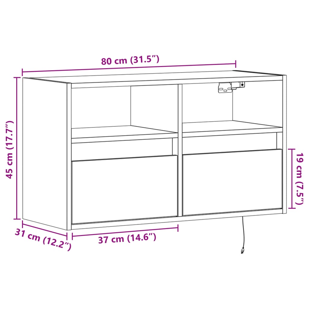 Nástěnná TV skříňka s LED osvětlením hnědý dub 80 x 31 x 45 cm - obrázek 16