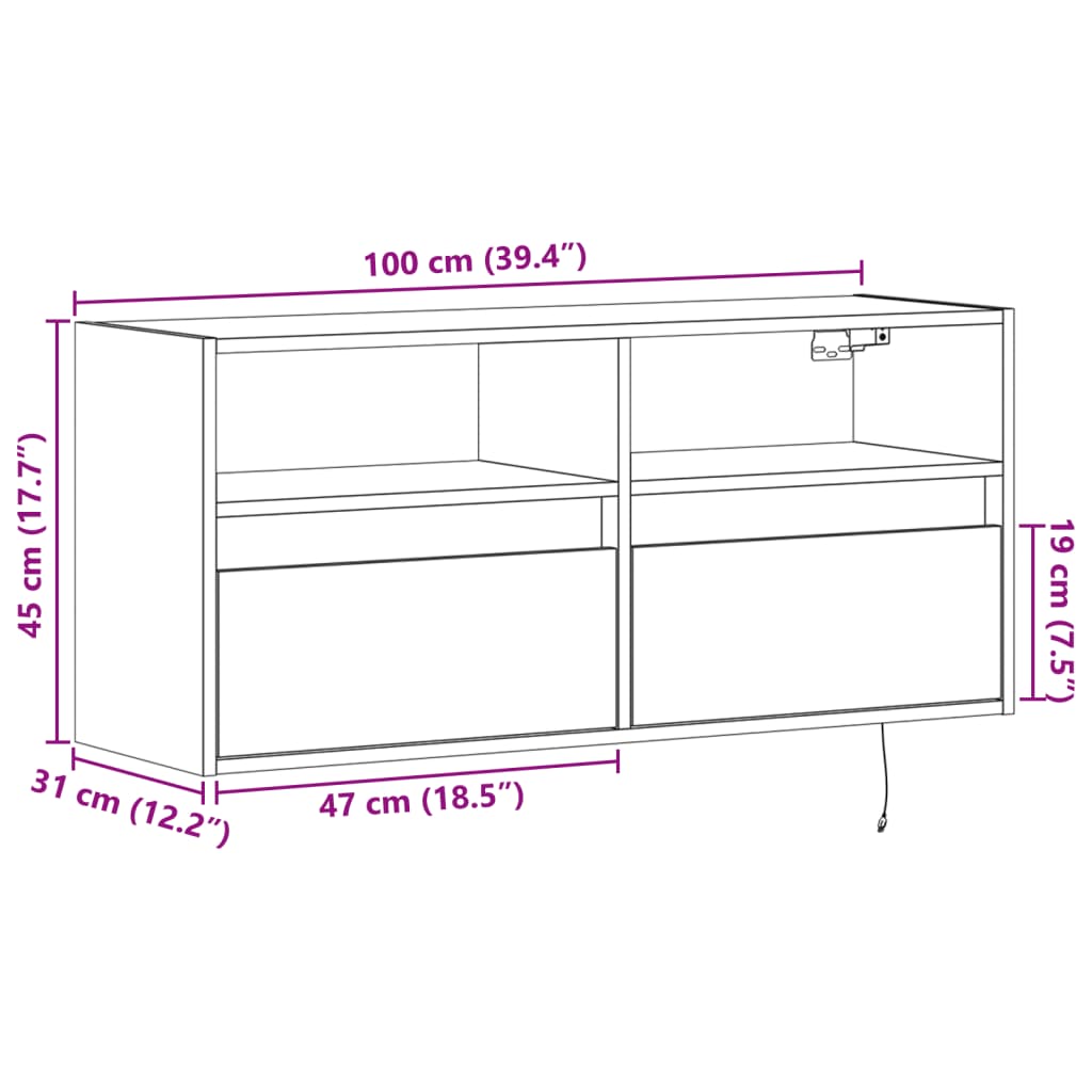 Nástěnná TV skříňka s LED osvětlením hnědý dub 100 x 31 x 45 cm - obrázek 16