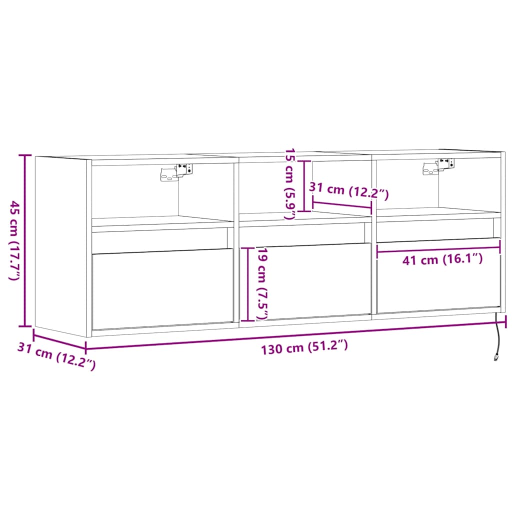 Nástěnná TV skříňka s LED osvětlením betonově šedá 130x31x45 cm - obrázek 16