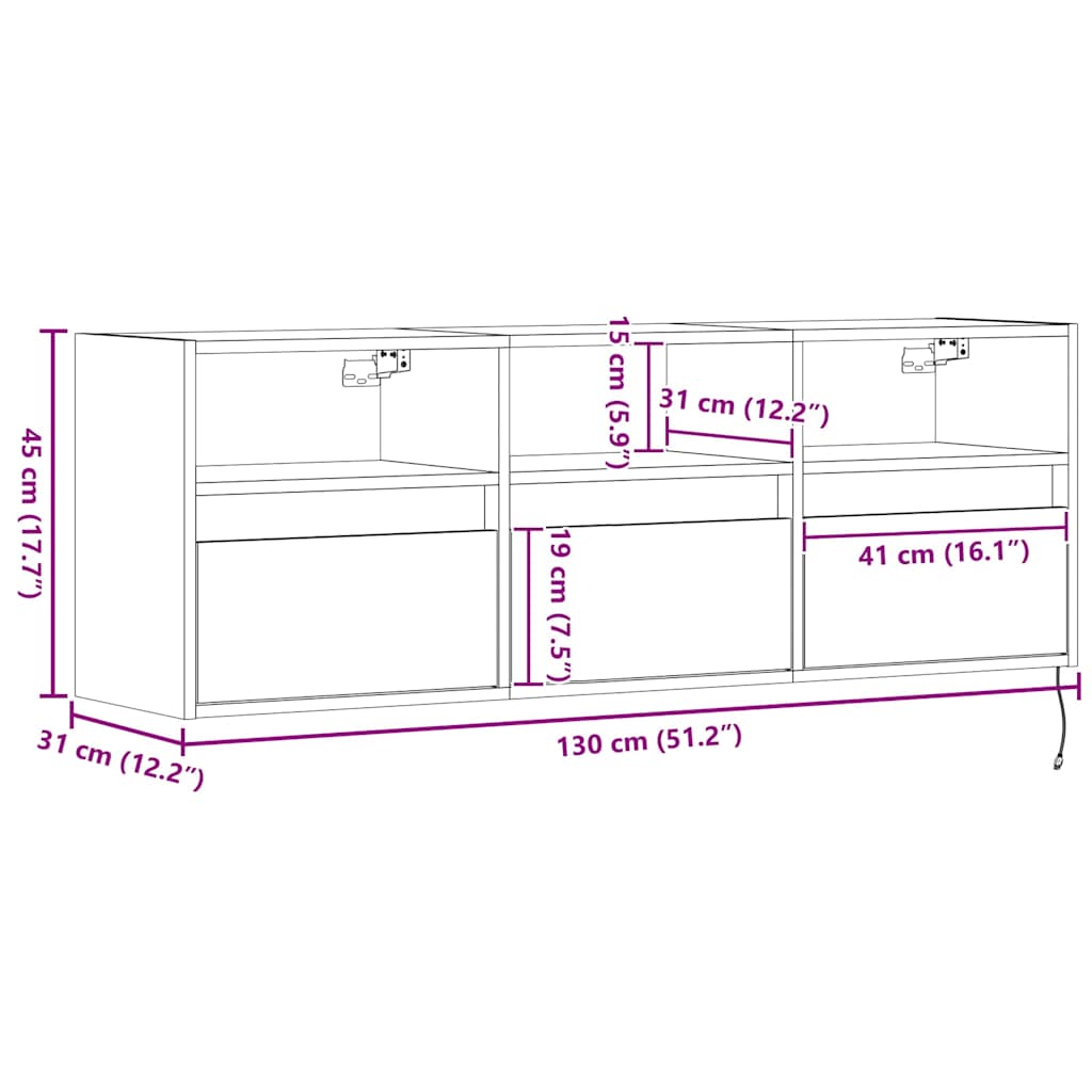 Nástěnná TV skříňka s LED osvětlením šedá sonoma 130x31x45 cm - obrázek 16
