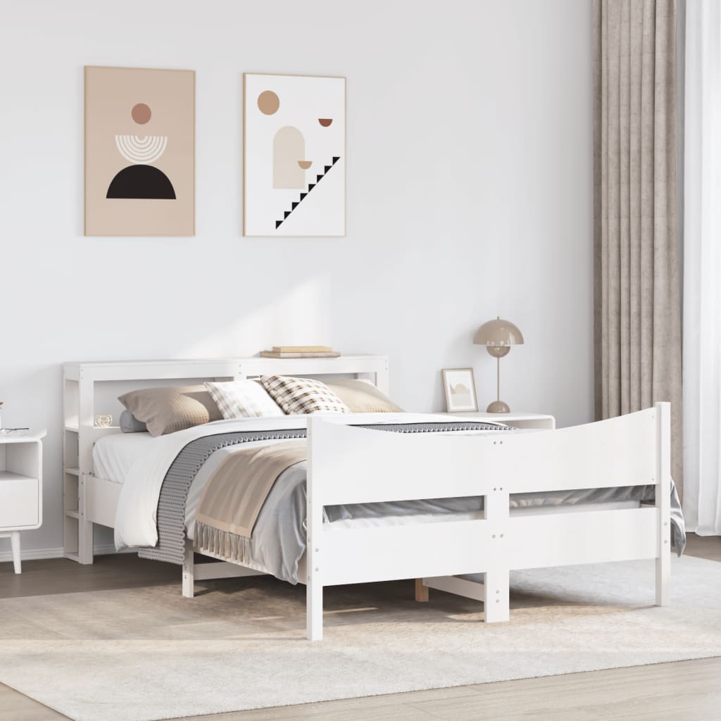 vidaXL Bedframe met hoofdbord massief grenenhout wit 135x190 cm afbeelding