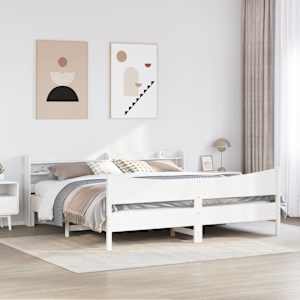 Rám postele s čelem bílý 200 x 200 cm masivní borové dřevo - obrázek 3