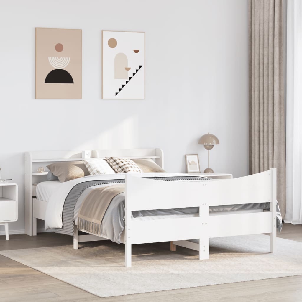 vidaXL Bedframe met hoofdbord massief grenenhout wit 135x190 cm afbeelding