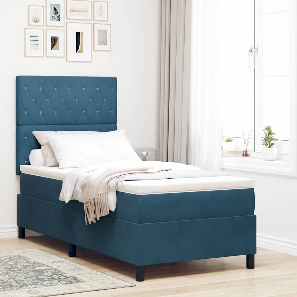Box Spring Voodi madratsiga Tume Sinine 90x200 cm Samet