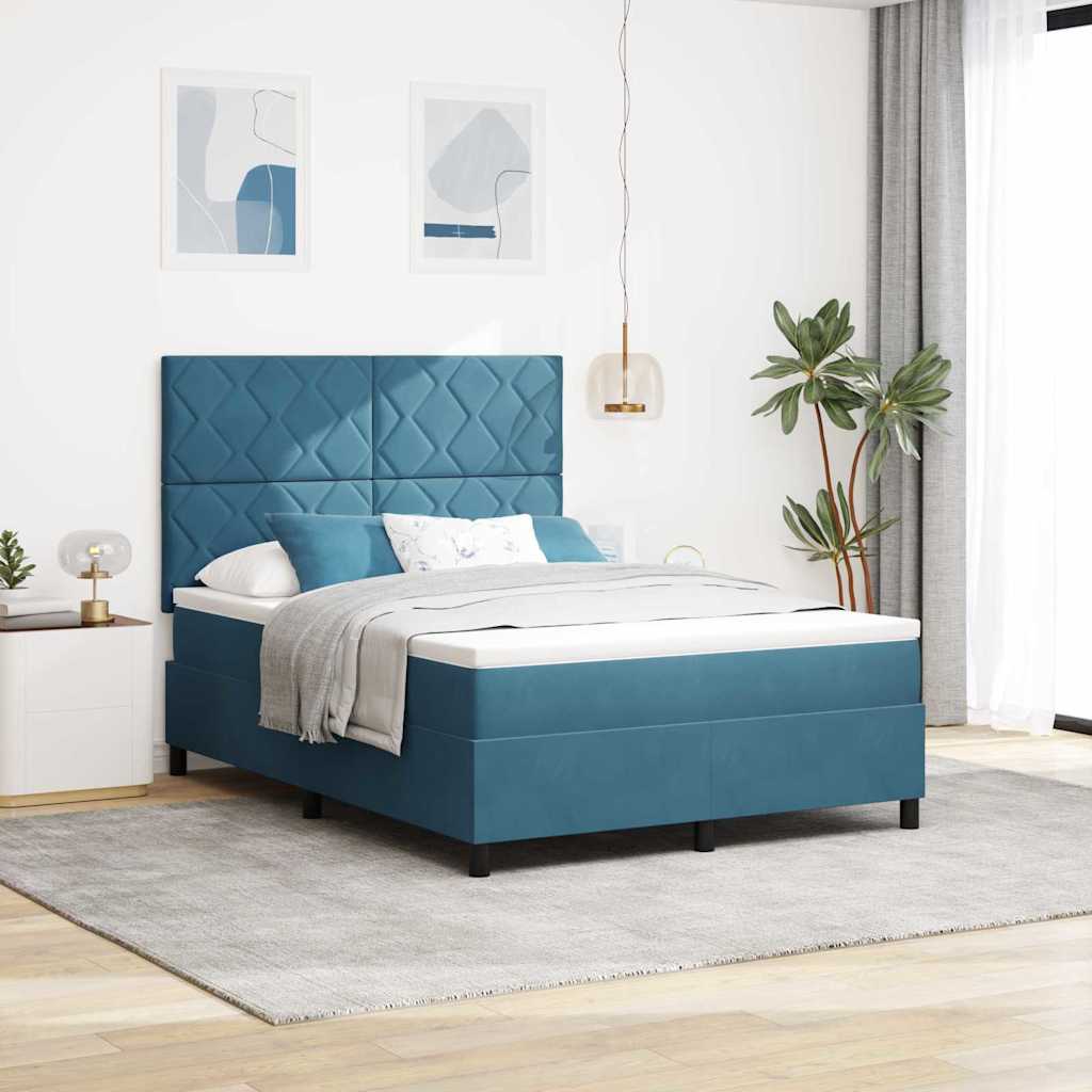 Cama Box Spring con colchón terciopelo azul oscuro 140x200 cm