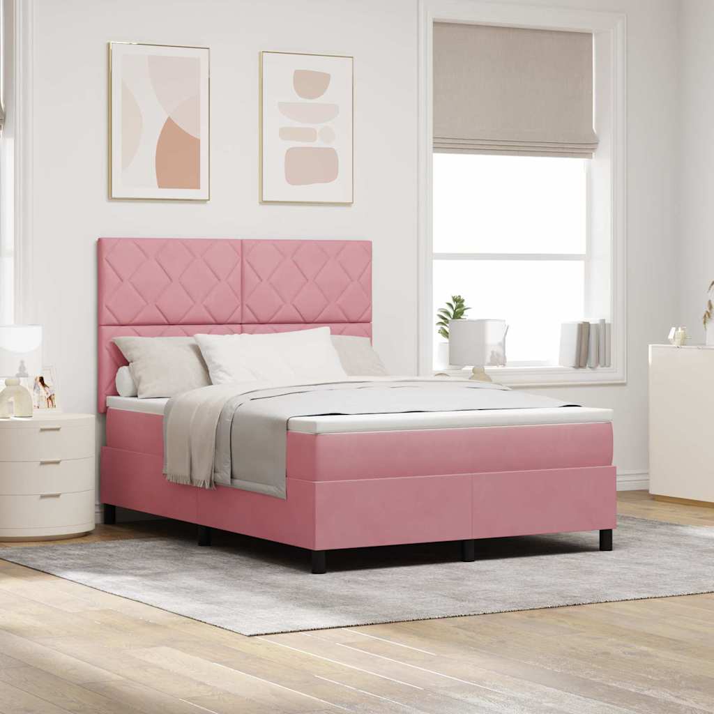 Cama Box Spring con colchón terciopelo rosa 140x200 cm