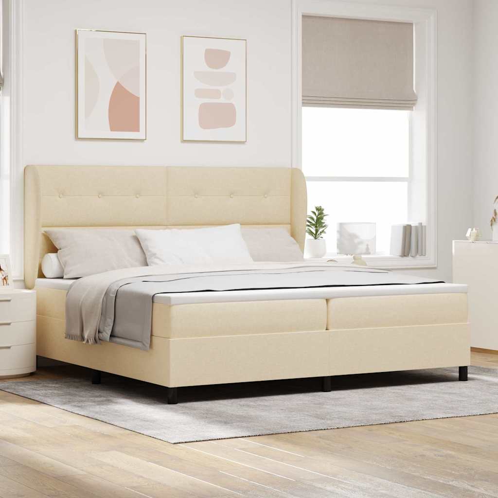 vidaXL Pat cu arcuri cu saltea cu headboard Crem 200 x 200 cm țesătură