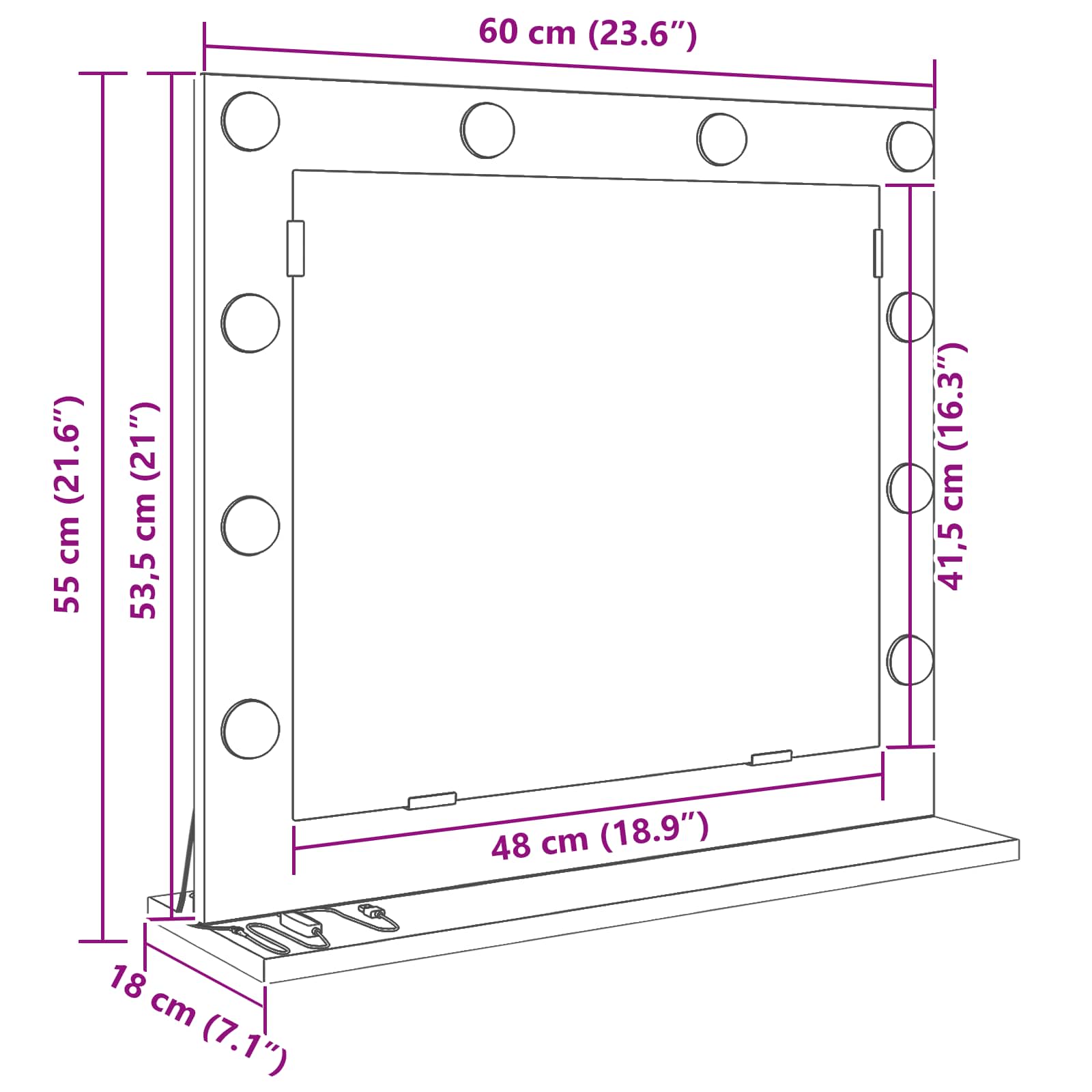 Meikkipöydän peili LED -nauhavalot Vanha Puu 60 x 55 x 18 cm - Image 8