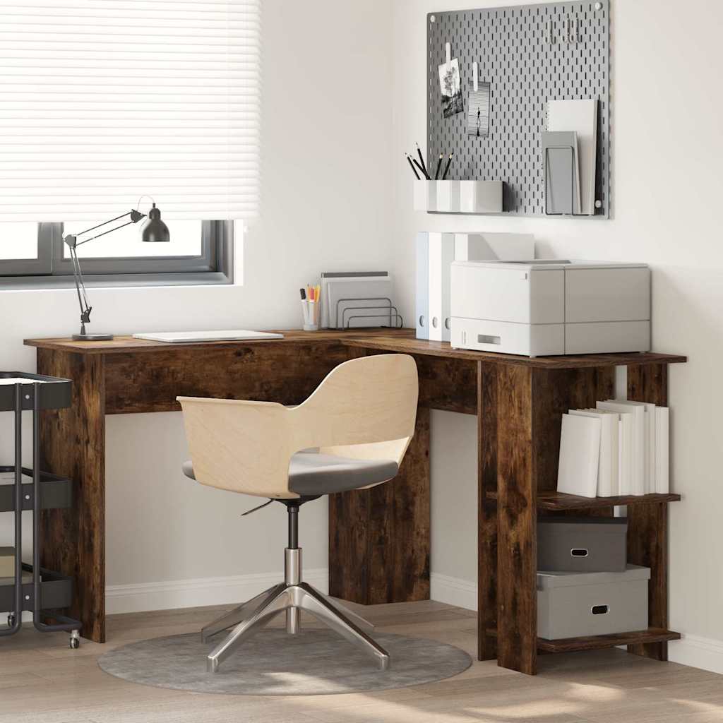 Bureau d'angle avec rangement en chêne fumé 140x113,5x75cm
