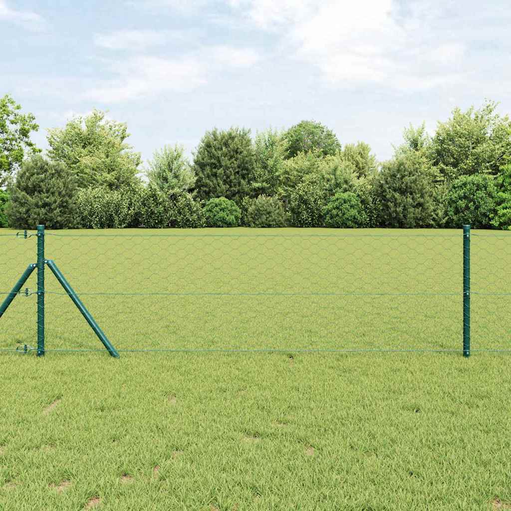 Hexagon hegn Grøn 0.6x10 m Stål, vidaXL hegnsstolper 7 stk Grøn Ø32 mm 100 cm Galvaniseret stål