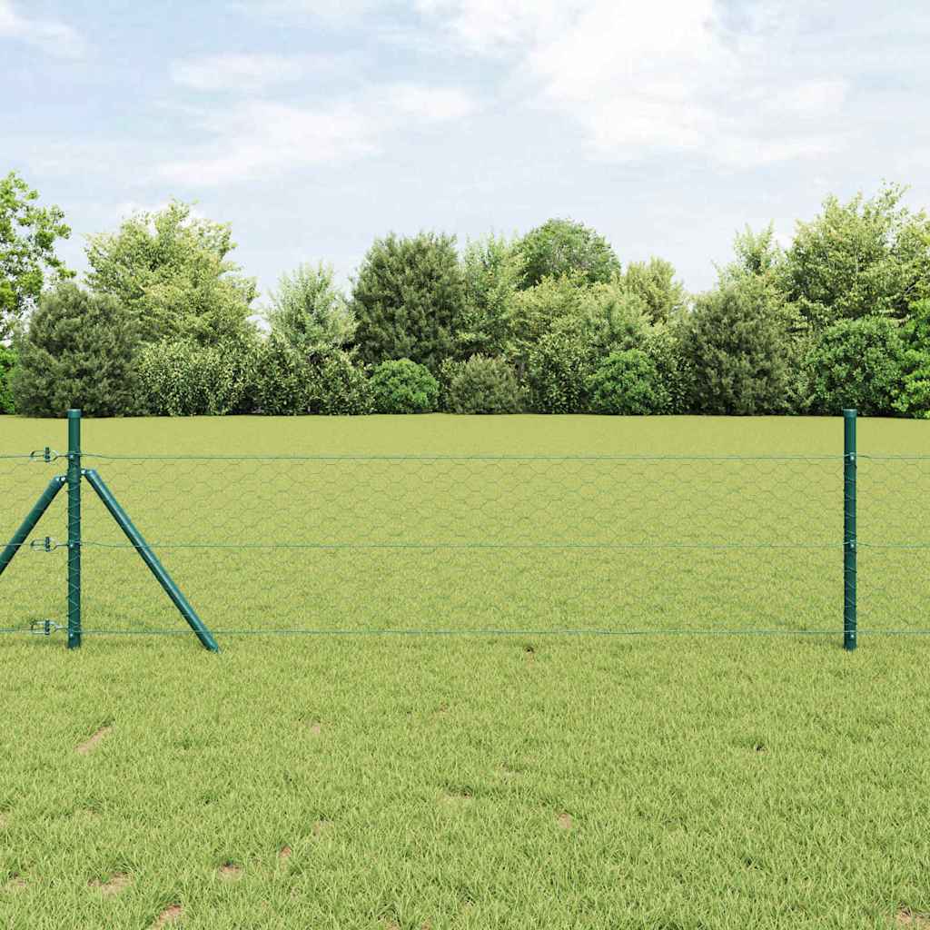 Hexagon Hegn Grøn 1,4x100 m Stål, vidaXL Hegnstolper 13 stk Grøn Ø32 mm 190 cm Galvaniseret stål
