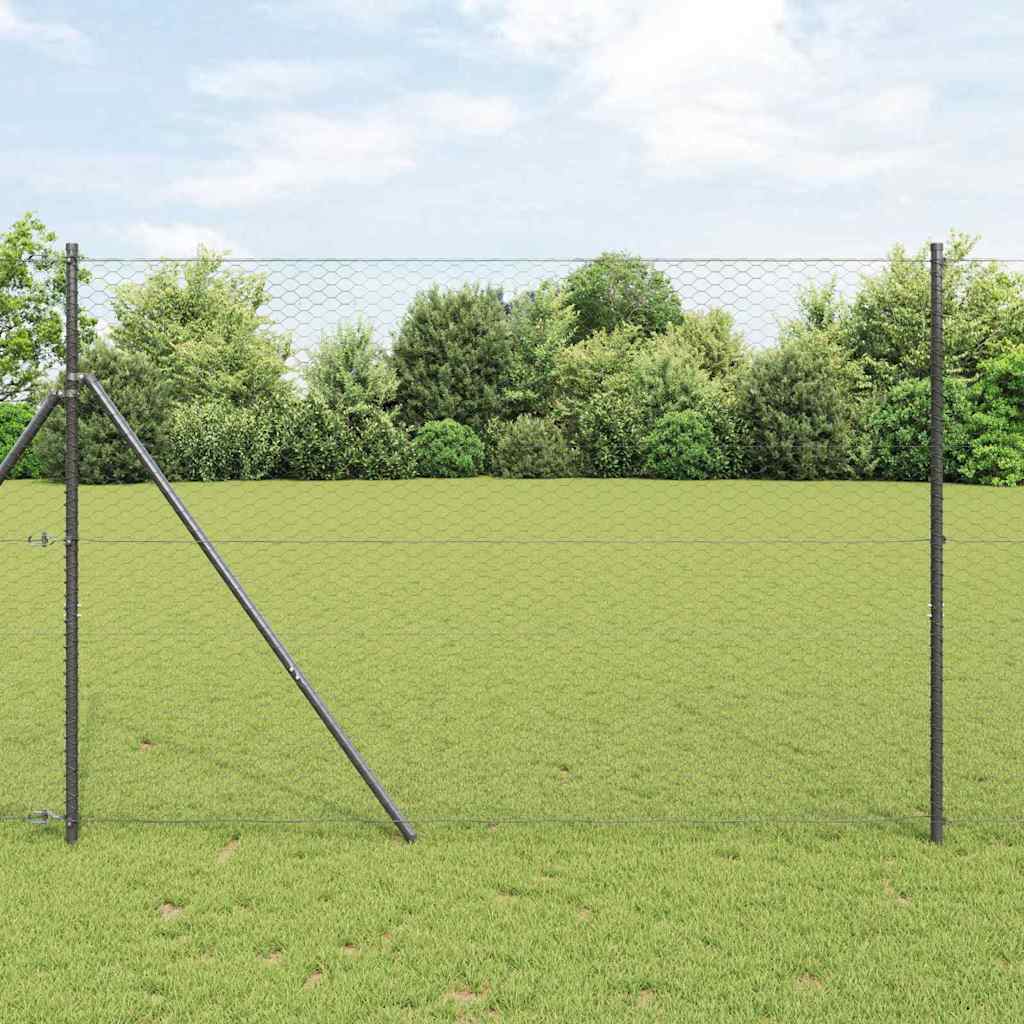 Hexagon hegn Grå 1.6x25 m Stål, vidaXL hegnspæle 13 stk Grå Ø32 mm 210 cm Galvaniseret stål