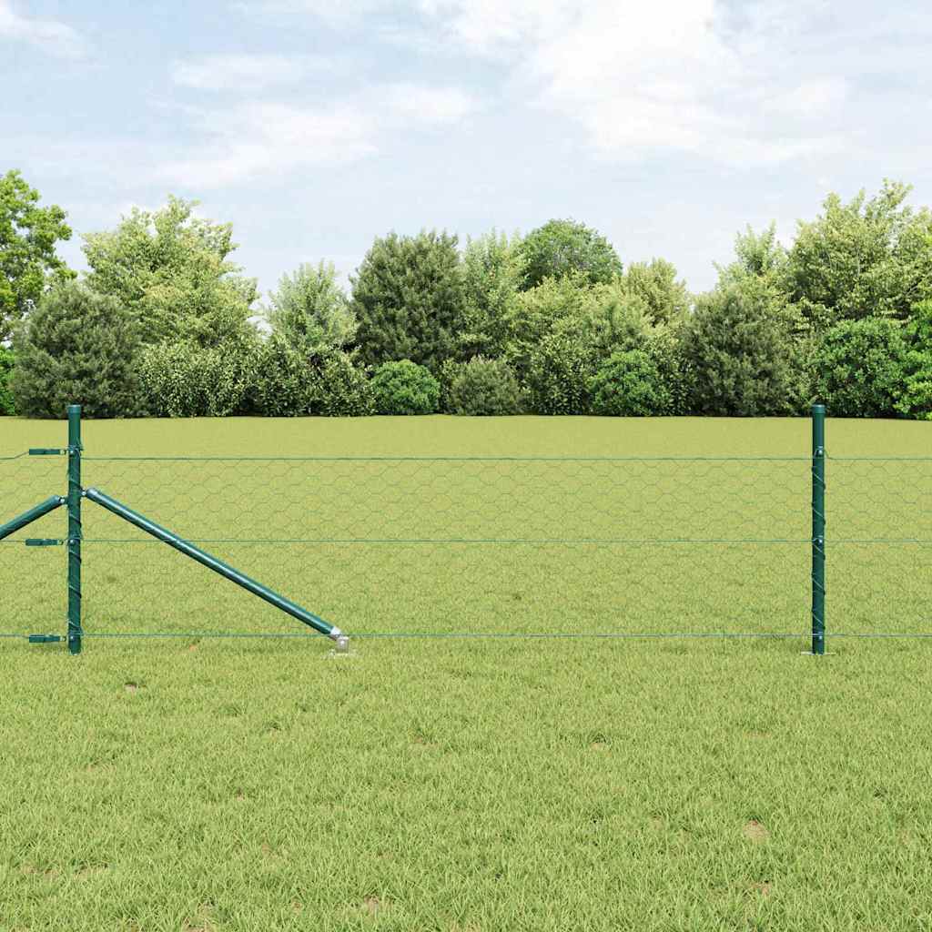 Hexagon hegn Grøn 0,4x25 m Stål, vidaXL hegns støtter med spyd 13 stk Ø32 mm 60 cm galvaniseret stål