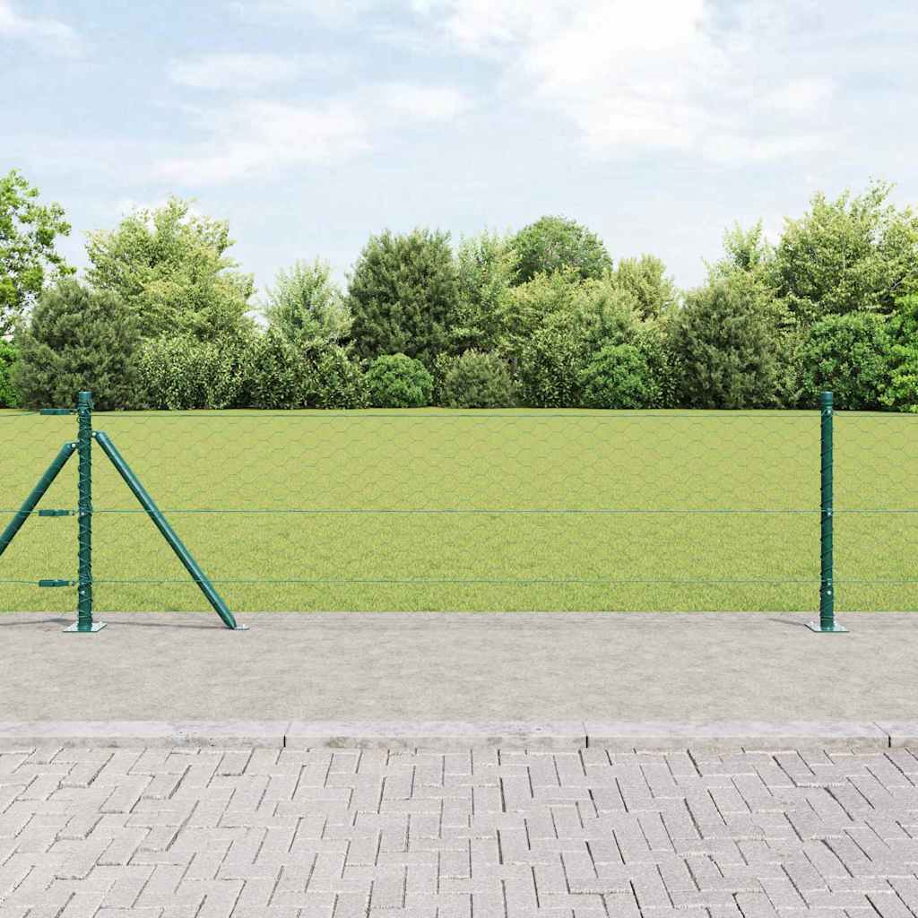 Hexagon Hegn Grøn 0,6x10 m Stål, vidaXL Hegnspæle med baseplader 7 stk Ø32mm 70cm galvaniseret stål