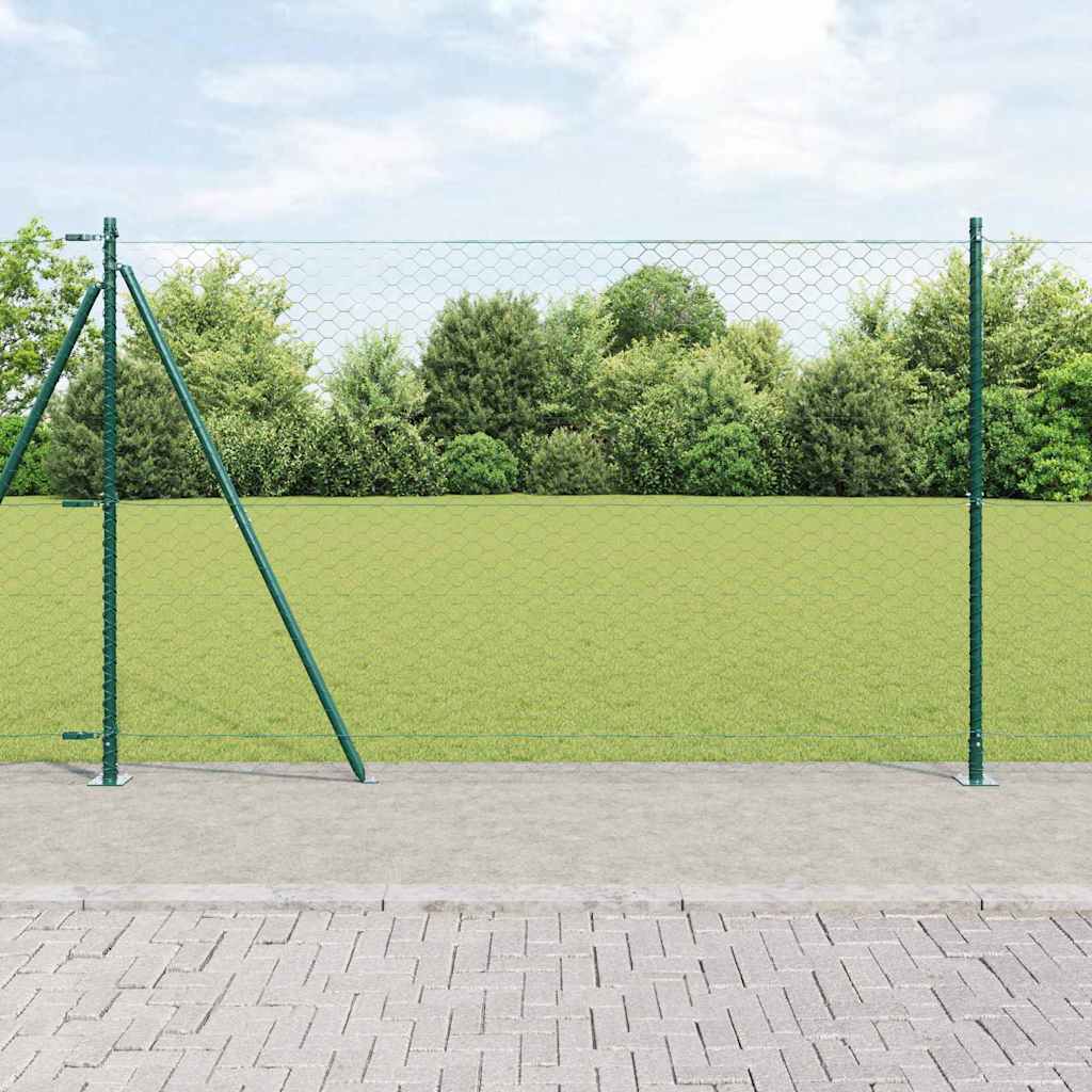 Hexagon hegn Grøn 1.6x50 m Stål, vidaXL Hegn Poster med Base Plader 13 stk Ø32mm 88.5cm Galvaniseret Stål