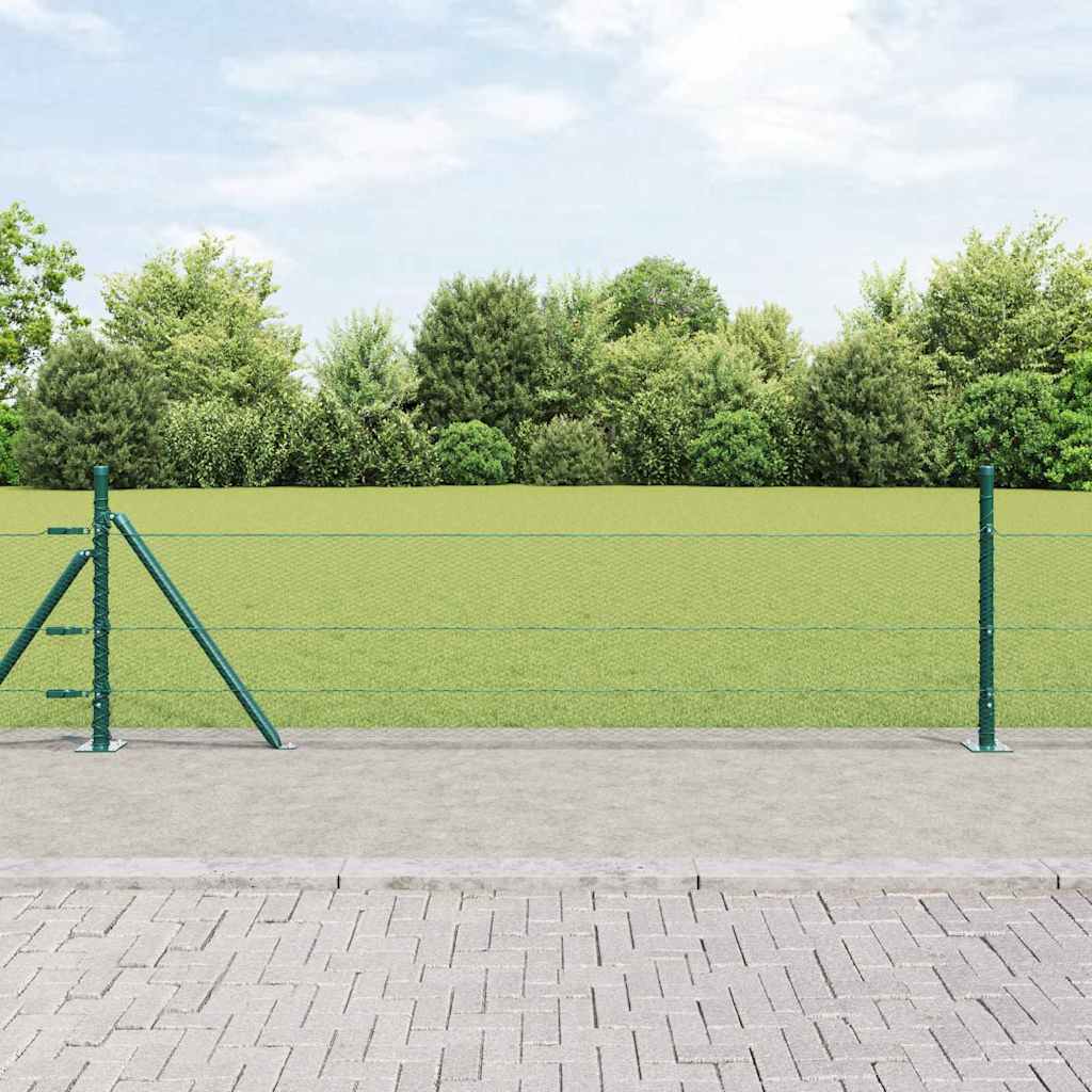 Hexagon Hegn Grøn 0,4x100 m Stål, vidaXL Hegn Stolper med Base Plader 13 stk Ø32mm 50cm Galvaniseret Stål