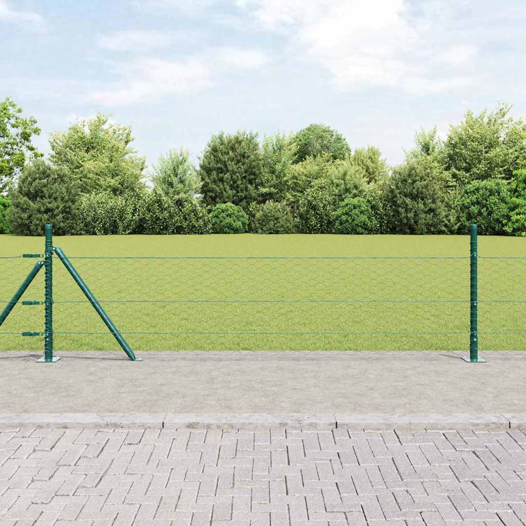 Hexagonhegn Grøn 0.4x100 m Stål, vidaXL Hegnstolper med fundamentplader 13 stk Ø32mm 50cm Galvaniseret stål