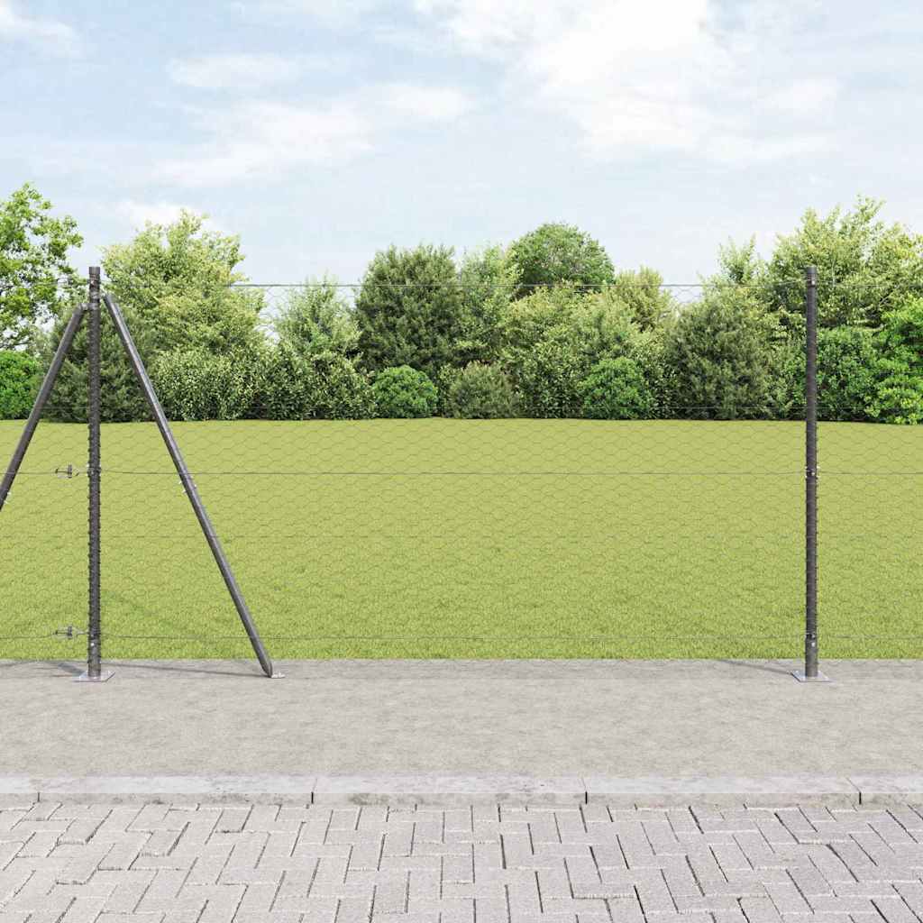 Hexagon hegn Grå 1,5x100 m Stål, vidaXL Hegnstolper med baseplader 13 stk Ø32mm 83,5cm Galvaniseret stål