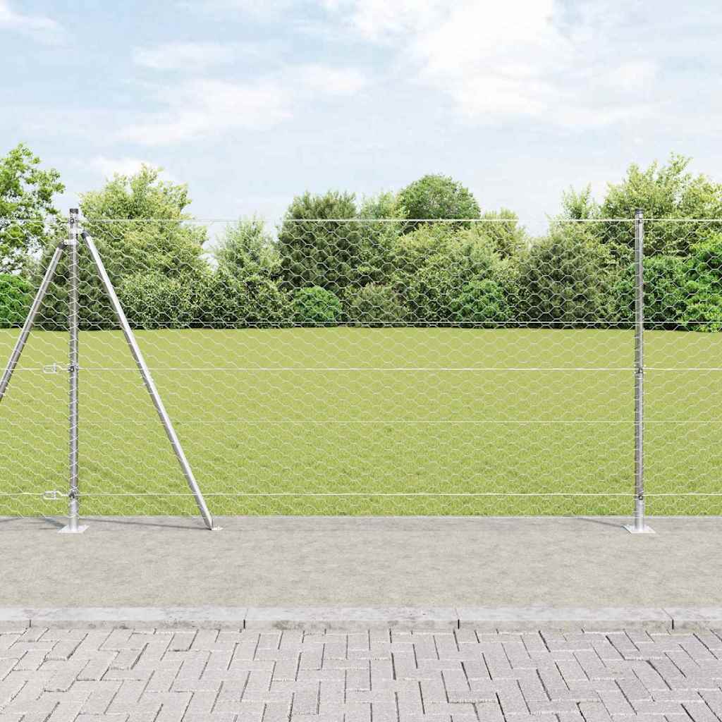 Hexagon Hegn 1,2x10 m Galvaniseret Stål, vidaXL Hegnsposter med Baseplader 7 stk Ø32mm 68,5cm Galvaniseret Stål