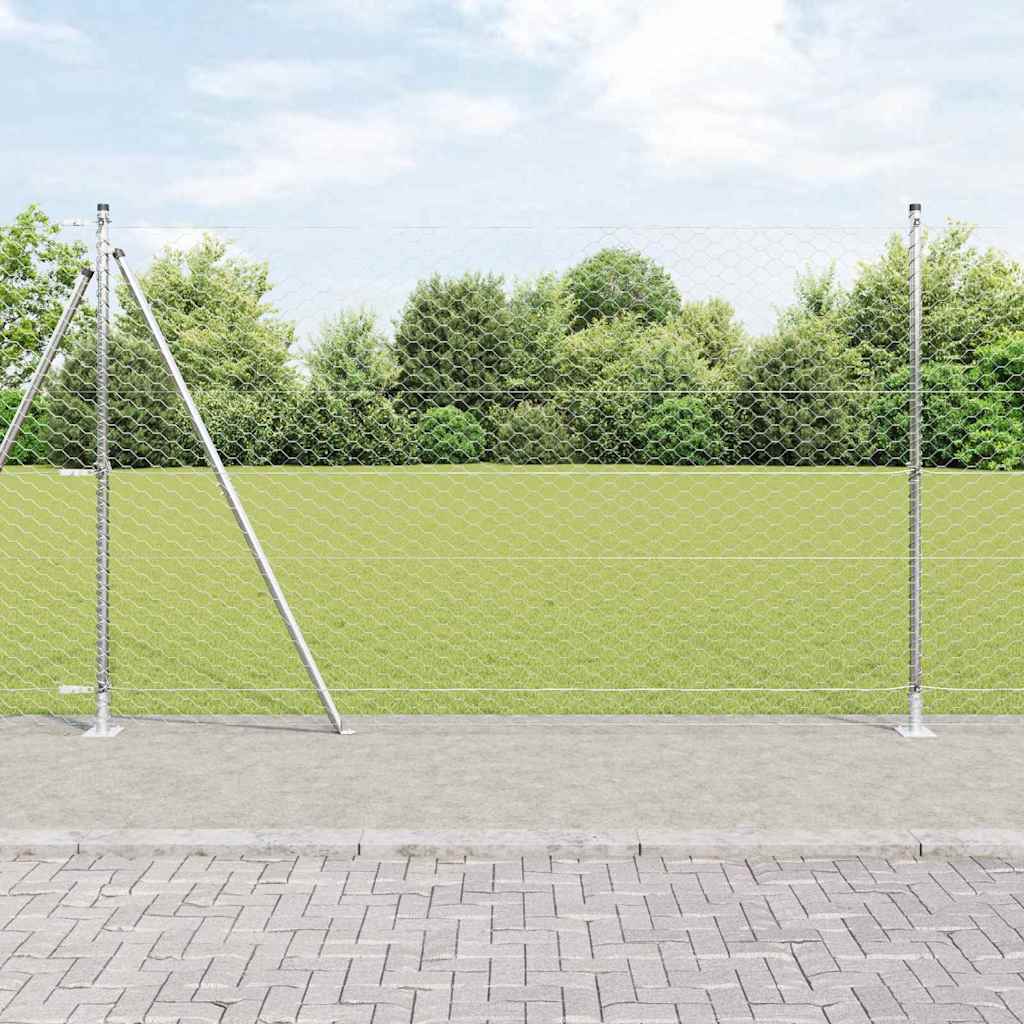 Hexagon Hegn 1.4x10 m Galvaniseret Stål, vidaXL Hegnspæle med Baseplader 7 stk Ø32mm 78,5cm Galvaniseret Stål