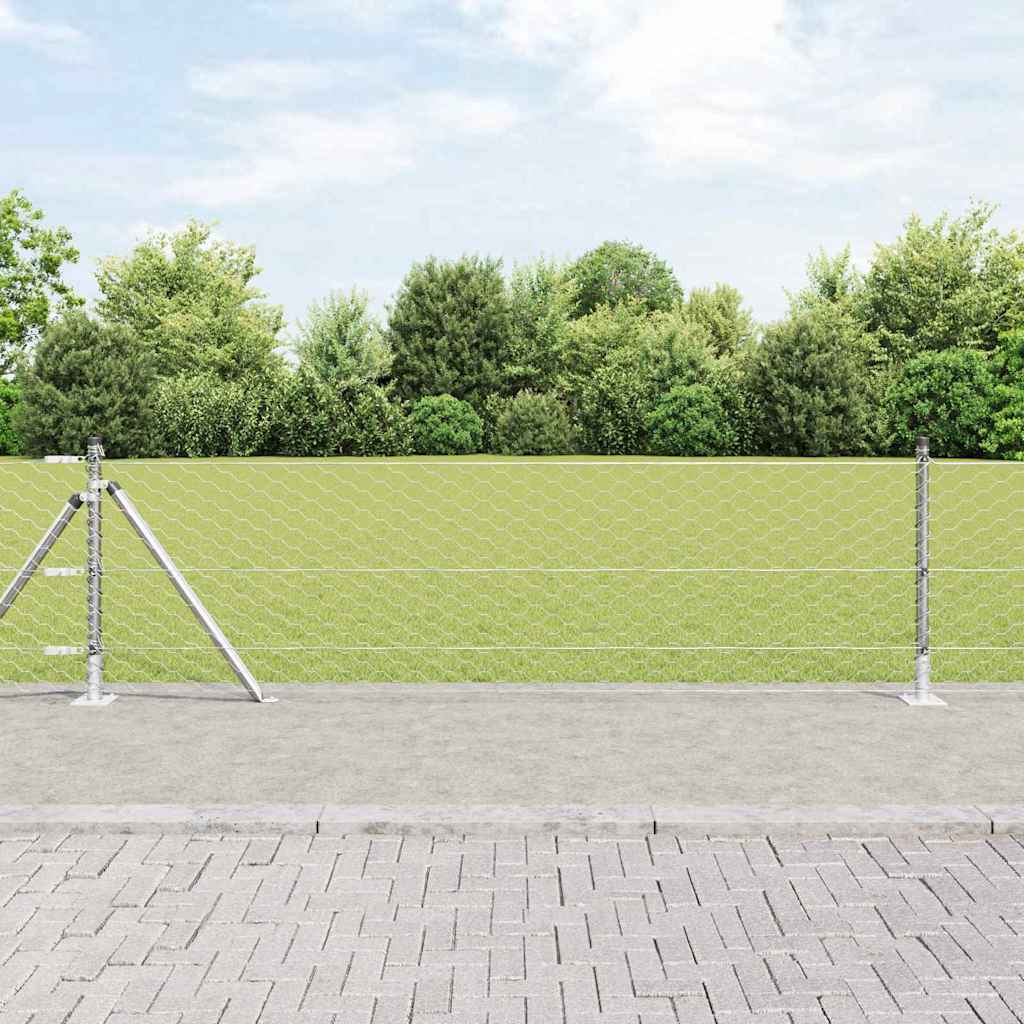 hexagonhegn 0,6x25 m galvaniseret stål, vidaXL hegns-poster med baseplader 13 stk Ø32mm 70cm galvaniseret stål