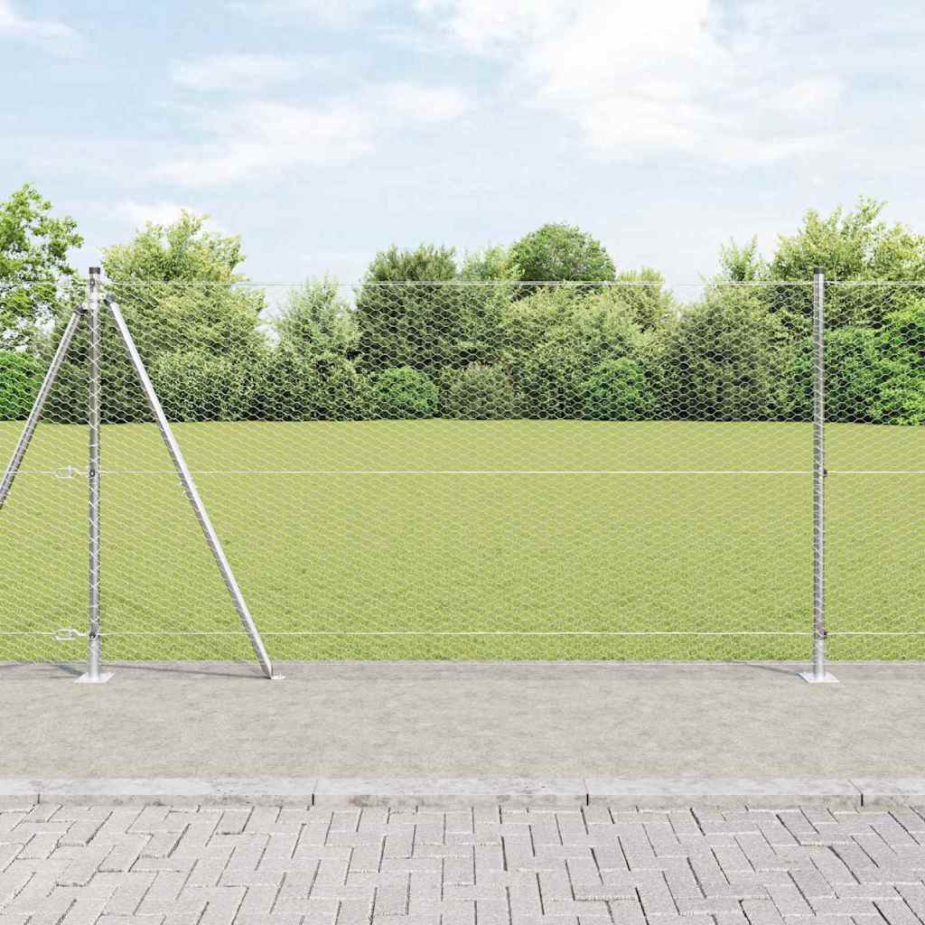 Hexagon Hegn 1,2x50 m Galvaniseret Stål, vidaXL Hegn Poster med Base Plader 13 stk Ø32mm 68,5cm Galvaniseret Stål