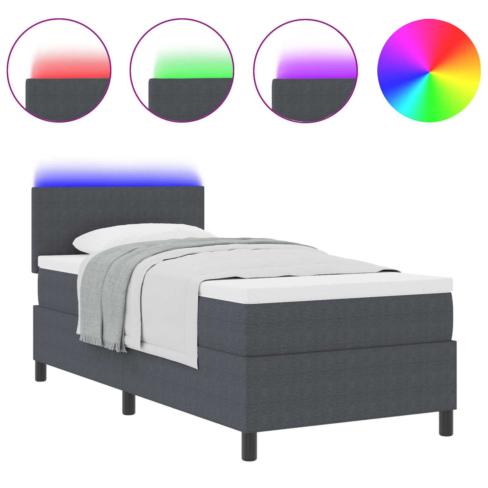 Thumbnail - vidaXL LED Boxspringbett Dunkelgrau und Weiß 100 x 200 cm Cordstoff
